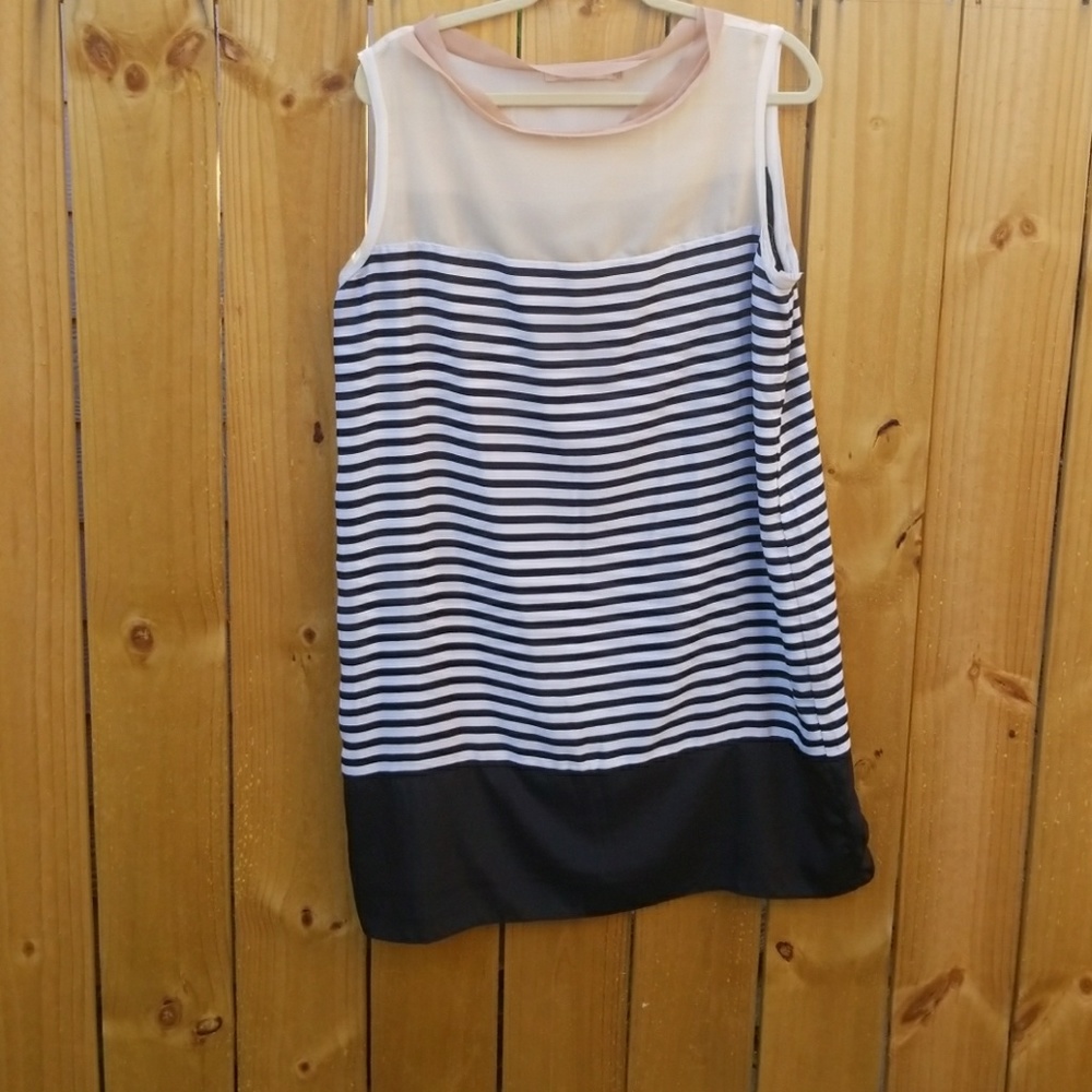 Gibson Latimer Black White Cream Striped Midi Dress with Sheer Yoke